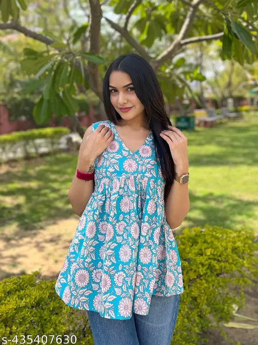 Cotton sleeveless printed tunic top, trendy designer women's fashion on hanger, size M (bust 38in, length 28in), India origin