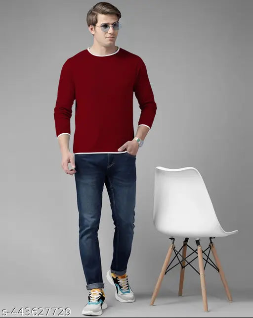 Maroon cotton blend men's t-shirt with long sleeves, plain design by GESPO