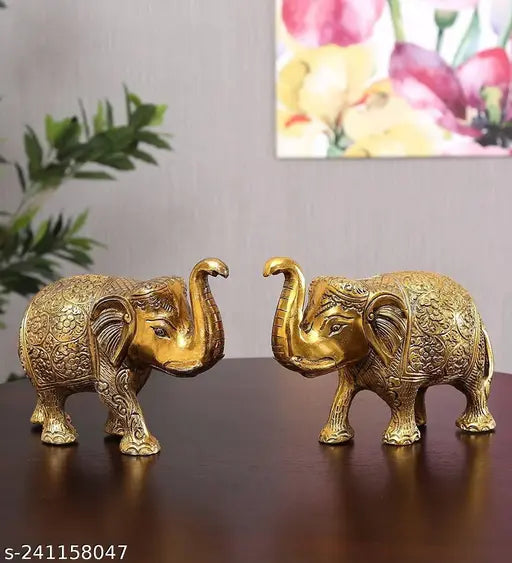 Gold oxidized, handcarved Indian elephant pair for living room or office table decorative showpiece and collectible gift item