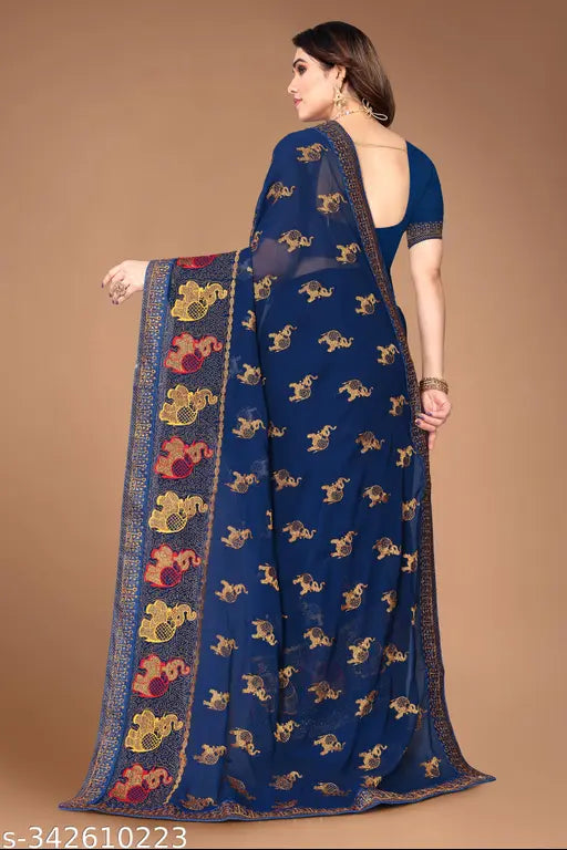 New Georgette zari work saree with blouse, Indian traditional attire in single size featuring hathi print