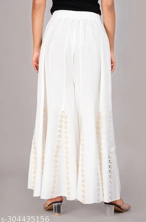 Embroidered white rayon palazzo with mirror flower work styles, free size for women and girls, Indian origin