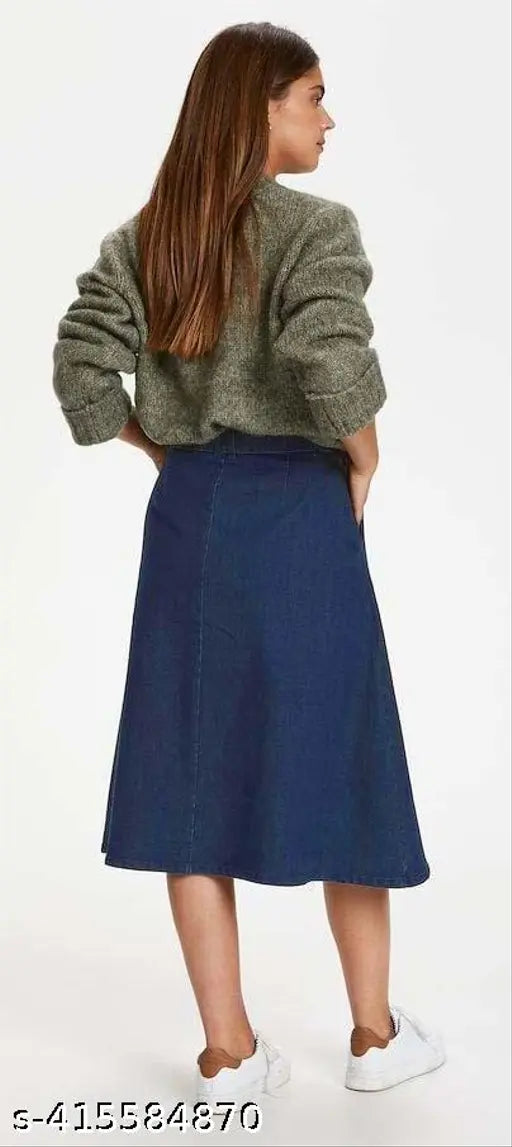 Navy Blue A-Line Midi Denim Woman Skirt - Lightweight & breathable, durable, home washable. Trendy denim maxi skirt for all body types and seasons. Available sizes: 26, 28, 30, 32, 34, 36, 38, 40, 42, 44, 46, Made in India