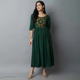 Green rayon cotton kurti, embroidered three-quarter sleeve women's top from India