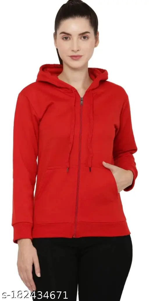Solid color women's fleece hoodie jacket, long sleeves, 100% cotton, Indian origin