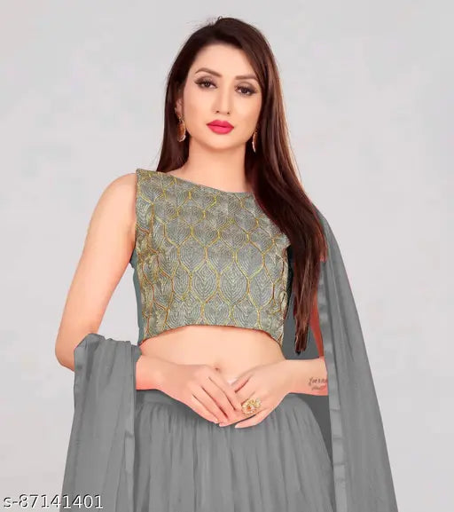 Embroidered satin-net lehenga set (Choli & Dupatta), semi-stitched, ruffled design. Alterable up to 42 inches. Indian origin