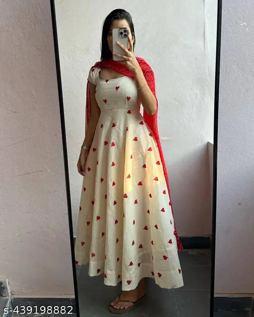 Red heart hand-block print kurti gown in cotton fabric with digital print dupatta, India origin