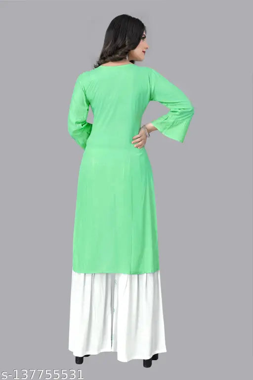 Mint green embroidered rayon kurti set with shararas, perfect for casual wear, handcrafted in India