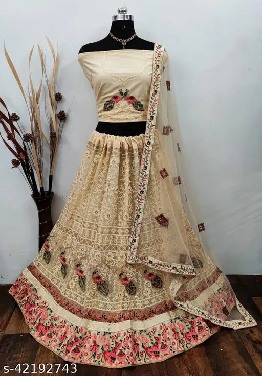 Embroidered semi-stitched net lehenga set by Alisha, Indian fashion for women