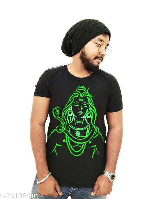 Cotton blend round neck Mahadev design t-shirt featuring Adiyogi print, Indian origin
