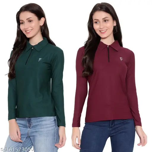 White polyester women's/girls zip slim-fit full sleeves t-shirt pack of 2, printed design