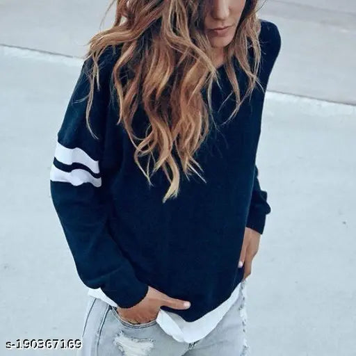 Solid blue long sleeve cotton blend t-shirt for women, casual and comfortable