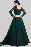 Indian embroidered net lehenga set for weddings or festivals, semi-stitched (42W x 44L), embellished dupatta included