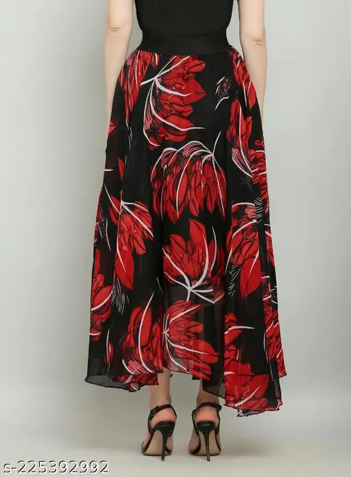 Red georgette flared maxi skirt from Raabta Fashion, ideal for fashion-conscious women. Features printed net design and is suitable for hand wash, machine wash, or dry clean. Comes in sizes 28, 30, 32, 34 (waist sizes 28, 30, 32, 34; length size 40 in). Made in India
