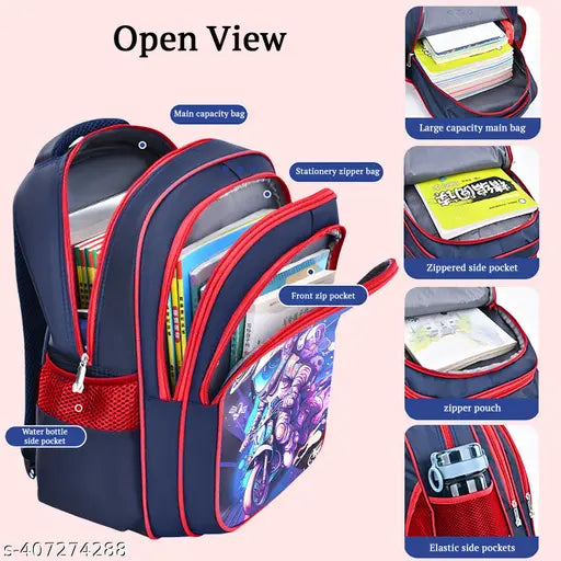 Unicorn Purple Large size lightweight schoolbag with motorcycle astronaut design, ideal for children aged 7-12. Polyester material, adjustable single shoulder strap, zipper closure