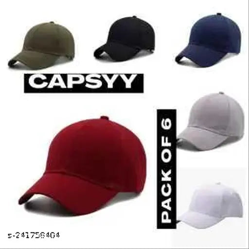 Six solid cotton baseball caps in red, grey, blue, white, black, olive green – Indian-made