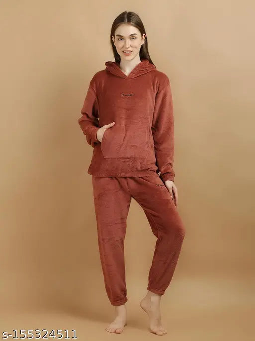 Warm and cozy coral fur fleece blend winter nightsuit for a comfortable sleep, designed by Uttam for women in India