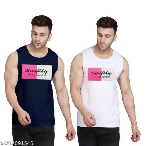 Navy and white printed pure cotton sleeveless gym t-shirt for men on display