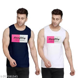 Navy and white printed pure cotton sleeveless gym t-shirt for men on display