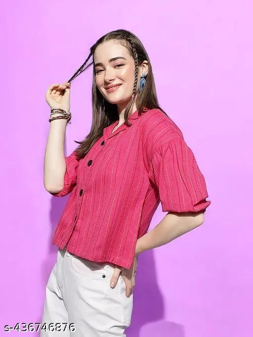 Premium trendy cotton designer top for women's, solid color, three-quarter sleeves, size S (44in bust, 18in length), made in India