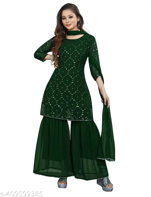 Women's long georgette mirror sequence embroidery sharara salwar suit set in green