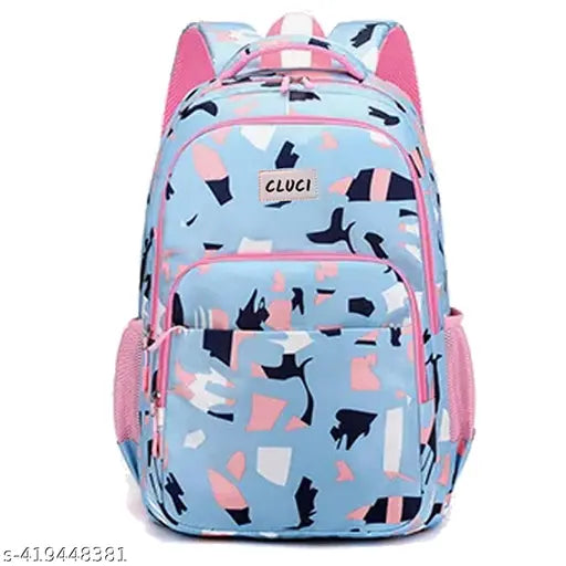 Lightweight canvas school backpack for women & girls, printed with four compartments, zipper closures, side water bottle pocket, free size (L28cm x W12cm), India origin
