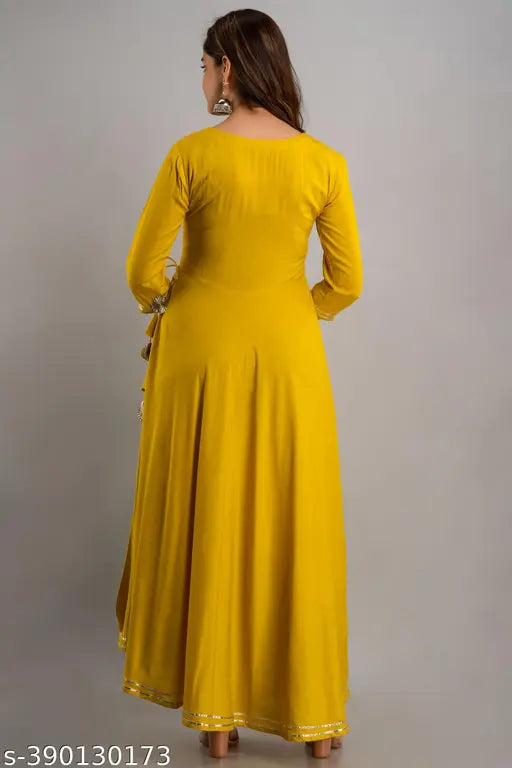 Indian viscose rayon embroidered flared round neck kurta with three-quarter sleeves, featuring intricate patterns