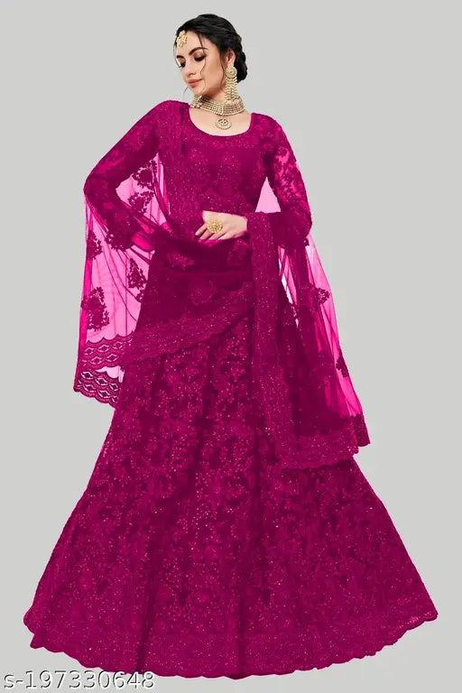 Pink embroidered semi-stitched lehenga choli (80% net, 20% polyester), adorned with chain work and full sleeves. India-made