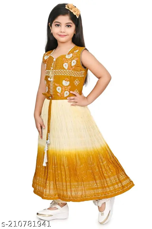 Embroidered chiffon kids frock dress, three-quarter sleeve, Indian handcrafted fashion for 5-6 to 12-13 years