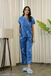 Printed cotton women's night suit with short sleeves, comfortable for sleep and lounge wear. Indian-made fashion cloud design