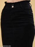 Black knee-length denim skirt, solid black stretchable fabric, perfect for casual wear or everyday fashion