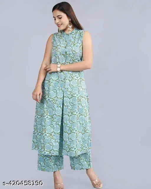 Rayon printed net kurta set with trousers for women, sleeveless and fashionable, available in M, L, XL, XXL sizes