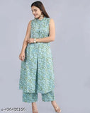 Rayon printed net kurta set with trousers for women, sleeveless and fashionable, available in M, L, XL, XXL sizes