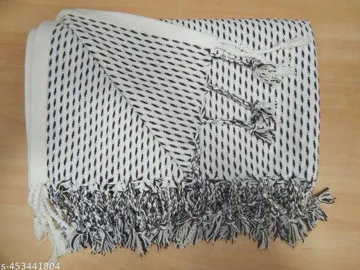 Brown & white cotton striped sofa throw, hand-woven with fringes. Ideal for living room, bedroom, or office decor." (125 characters)