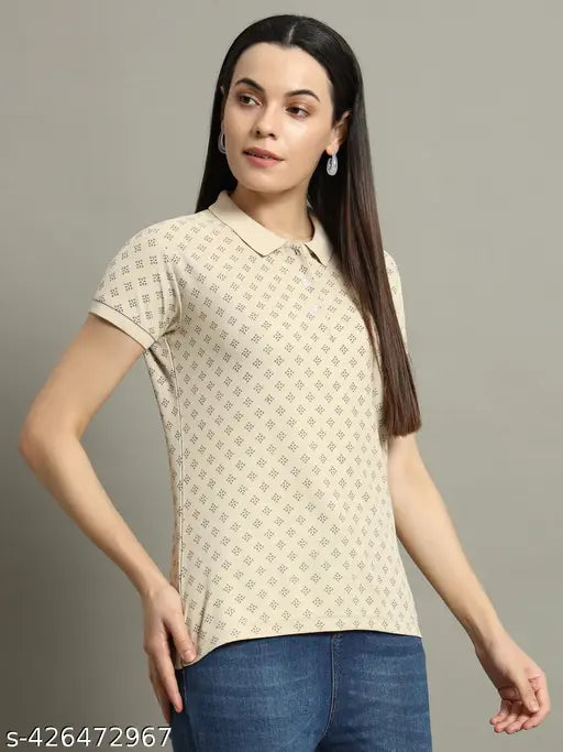 Cotton blend women's printed half sleeves polo neck t-shirt, vibrant colors, suitable for casual or semi-formal outfits