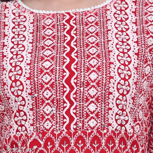 Red Georgette embroidered Women's Kurta with Palazzos - Indian fashion, three-quarter sleeves, printed net design