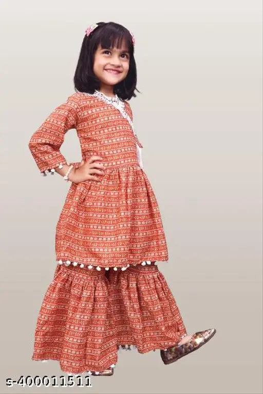 Festive Collection Red Sharara & Kurta Set for Girl (12-18M to 7-8Y), cotton anarkali top with printed 3/4 sleeves and A-line dhoti pants, Indian festive wear