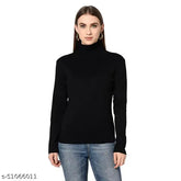 Black cotton long sleeve turtleneck top, solid patterned women's winter roll-up style by Le Espresso