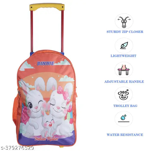 Orange 18 inch waterproof polyester school trolley bag, durable and spacious for kids' needs, Indian Riders BINNIE Happy Family design