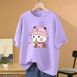 Oversized lavender cotton blend women's t-shirt, featuring printed panda design by Skyct Store. India origin