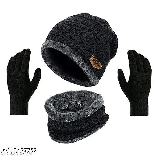 Fancy Men Black Cotton Beanie Cap (Pack-1) - Warm knitted woolen beanie with neck warmer & cotton gloves set. Perfect 3-in-1 winter essential for outdoor activities