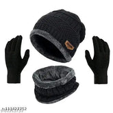 Fancy Men Black Cotton Beanie Cap (Pack-1) - Warm knitted woolen beanie with neck warmer & cotton gloves set. Perfect 3-in-1 winter essential for outdoor activities