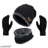 Fancy Men Black Cotton Beanie Cap (Pack-1) - Warm knitted woolen beanie with neck warmer & cotton gloves set. Perfect 3-in-1 winter essential for outdoor activities