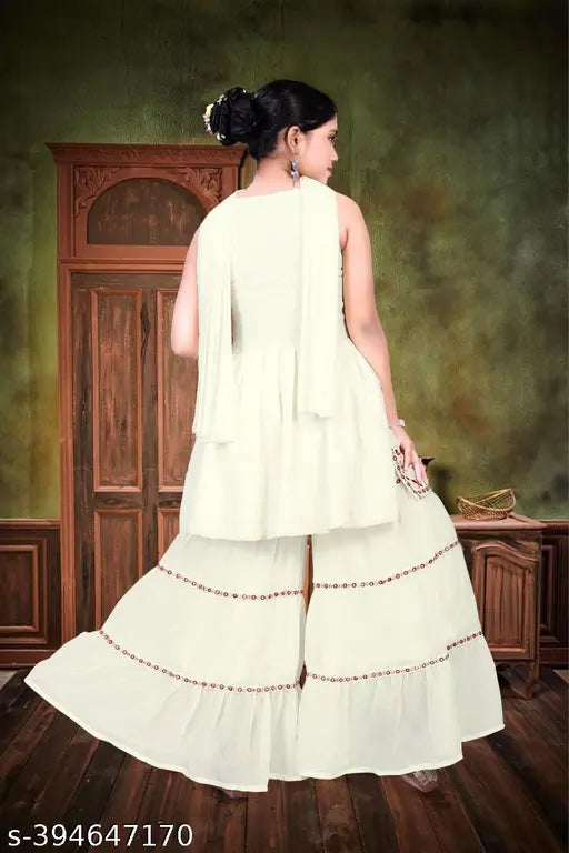 Cream georgette anarkali sharara with embroidered sleeves and dupatta for kids, Indian traditional clothing set