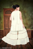 Cream georgette anarkali sharara with embroidered sleeves and dupatta for kids, Indian traditional clothing set