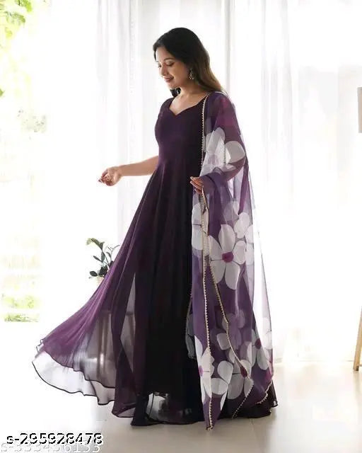 Wine Flower Dupatta, printed net faux georgette for women, new designer style with short sleeves and full inner lining