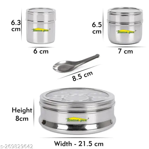 Stainless steel see-through belly masala dabba with 8 airtight containers, 22.5cm diameter, Indian kitchen essential