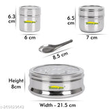 Stainless steel see-through belly masala dabba with 8 airtight containers, 22.5cm diameter, Indian kitchen essential