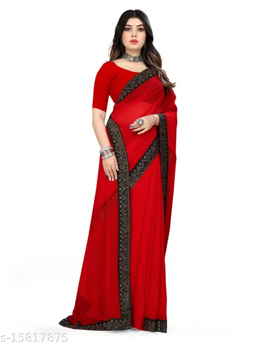 Red Georgette woven saree, Rovilo Fashion party wedding attire with zari patterns and running blouse