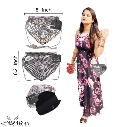 Handmade silver heart sheep-style suede party clutch slingbag, embellished with embroidered net, perfect for special events and accessories storage