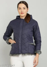 Navy blue fur quilted PU jacket, long sleeves, solid design. M N FASHION size S-XL, made in India